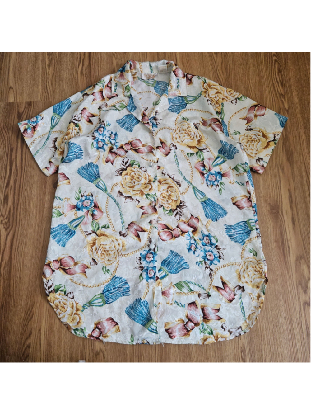 Vintage Victorias Secret Gold Label Shiny Floral Button Down Tunic Night Shirt